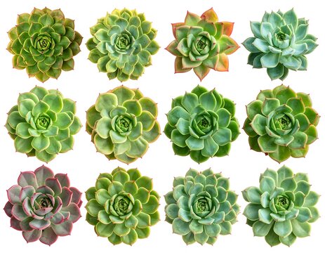 Collection of various vibrant succulent plants, top view, isolated on white background
