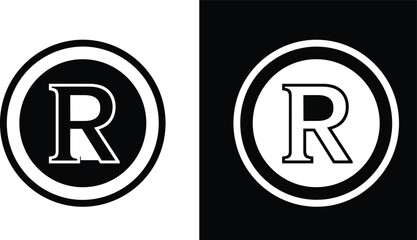Registered trademark symbol vector, black and white R in circle design, legal protection icon, branding logo element, intellectual property illustration, stock art collection