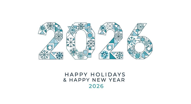 Happy holidays and happy new year 2026 with decorative snowflakes and geometric patterns in cool blue tones