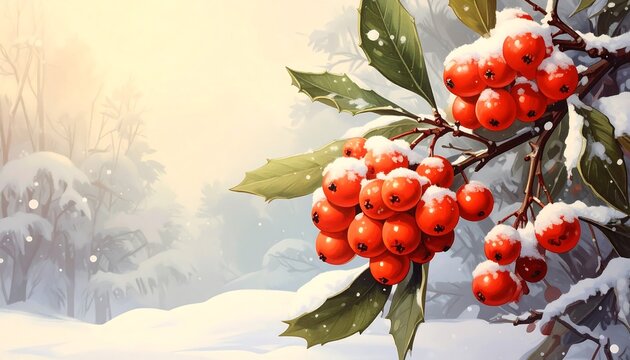 Snowy scene featuring bright red berries on a branch with snow - Powered by Adobe
