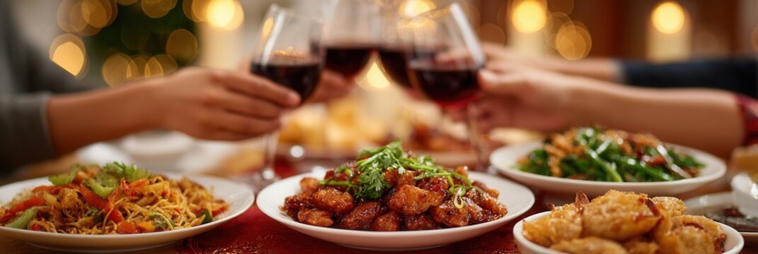 A festive gathering featuring friends toasting with wine glasses over a table filled with various dishes, creating a warm and joyful atmosphere.