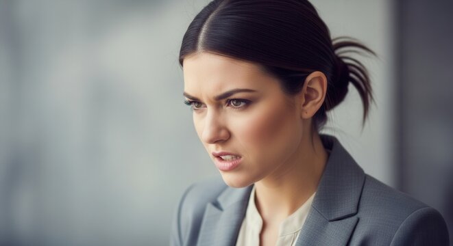 A focused businesswoman with a serious expression, dressed in a suit, conveying determination and intensity in a corporate setting.
