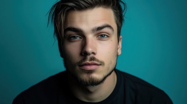Young man with stylish hair and intense gaze poses against a blue backdrop