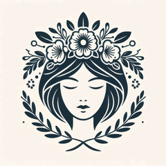 Elegant Woman with Floral Crown and Laurel Wreath Emblem.