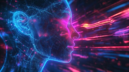 Futuristic Profile of a Woman Surrounded by Neon Lights and Dynamic Energy Flow in a Digital Landscape