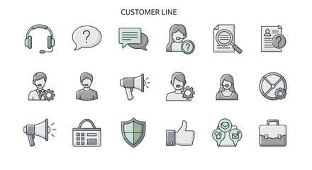 Customer service icons set on white background, representing support, communication, and business operations. Includes icons for headset, question mark, chat bubbles, agents, documents, megaphone