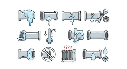 Frozen pipes line icon pack, outline signs for graphic and web design, apps, adverts, various cards, vector cartoon illustration with a white background. Set of plumbing problems, leaks, cracks