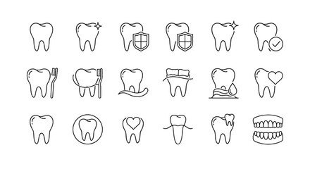 Set of minimalistic thin line icons representing healthy teeth, dental care, and oral hygiene, suitable for web, graphic design, apps, banners, social networks, and cards. This vector cartoon