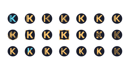 Collection of K letter logos, monogram designs, and icons in various styles, including circular and square formats, with a dominant color palette of dark blue, gold, and a touch of cyan, presented on