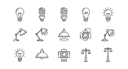 Collection of outline icons representing various light sources, including incandescent bulbs, energy-saving fluorescent bulbs, modern LED bulbs, desk lamps, pendant lights, spotlights, and street