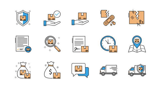 A collection of minimalistic linear pictograms representing various aspects of delivery and logistics, including insurance, secure handling, damaged goods, documentation, search, time, location