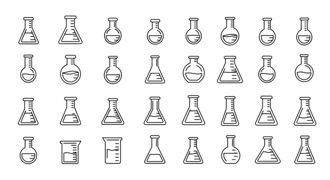 Collection of laboratory flasks and beakers in a line icon set, featuring various shapes and fill levels, perfect for graphic and web design, apps, adverts, and various cards, presented as a clean