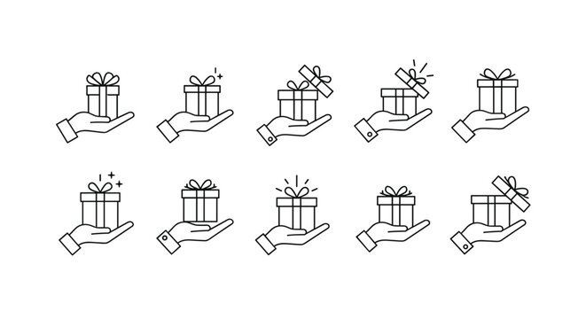 Set of ten thin line icons representing a hand holding a gift box, with some boxes open and some emitting light or sparkles, symbolizing surprise and generosity, perfect for web, apps, and design