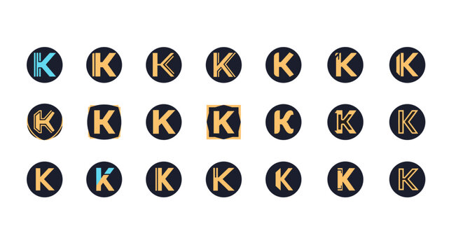 Collection of K letter logos, monogram designs, and icons in various styles, including circular and square formats, with a dominant color palette of dark blue, gold, and a touch of cyan, presented on