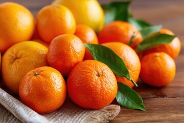 A vibrant assortment of fresh citrus fruits including oranges and lemons, arranged on a wooden table with green leaves, ideal for healthy lifestyle themes.