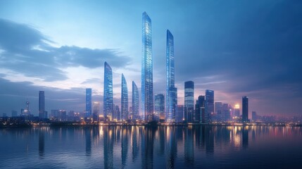 Fototapeta premium Glowing Skyscrapers Reflected in Water at Dusk with Blue Sky and Soft Clouds Above a Modern City Skyline