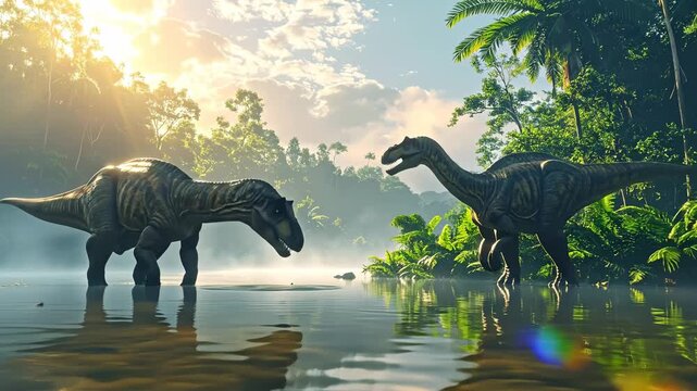 Two dinosaurs drinking water in a prehistoric jungle during sunrise.