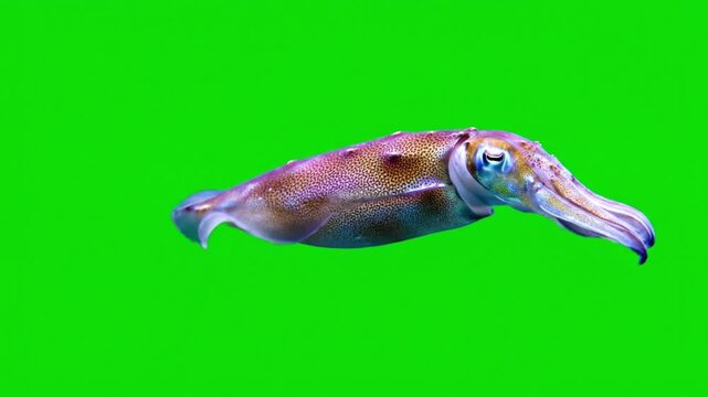 A captivating close-up of a common cuttlefish gracefully swimming against a vibrant green backdrop, showcasing its unique patterns and intelligent eyes in a simulated underwater environment