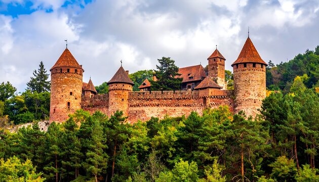 Stone castle with orange roofs on a forested hill beneath cloudy sky