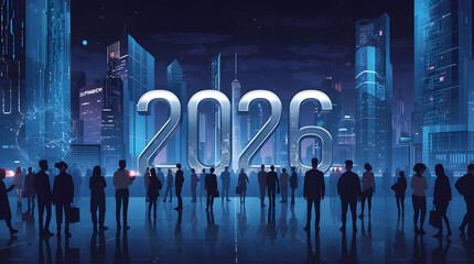 People celebrating year 2026 in futuristic city silhouette illustration