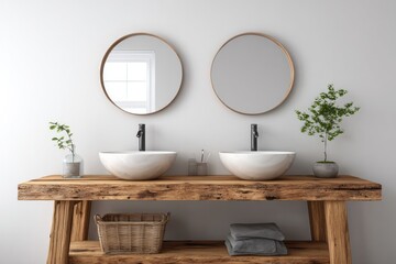 Rustic wooden vanity supports dual white vessel sinks beneath two circular mirrors