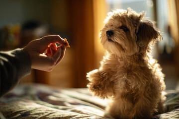 A young man holds a treat to guide a small dog balancing on a raised platform. The dog wobbles slightly but focuses intently on the reward during their training session
