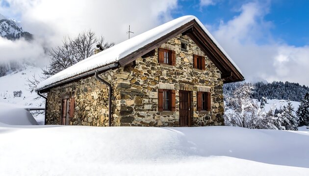 Snowy stone cottage nestled in a mountain landscape under a partly cloudy, bright blue sky, surrounded by snow - Powered by Adobe