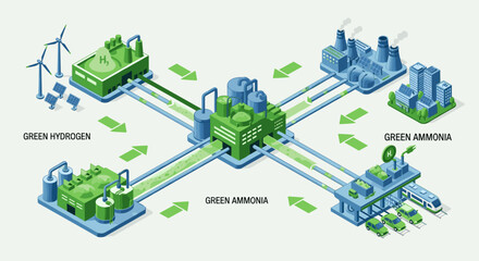 Isometric graphic illustrating the production and distribution of green hydrogen and green ammonia, symbolizing a clean energy future with renewable sources like wind turbines and solar panels