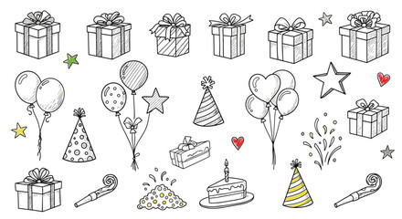 Hand-drawn doodle icons set of gift boxes, balloons, and party elements for celebration and design, isolated on white background. Festive collection of birthday party symbols, perfect for