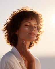 Obraz premium woman applying sunscreen outdoors, sunny glow