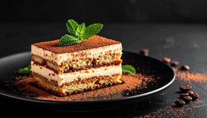Square-shaped, layered dessert on a black plate, dusted with cocoa powder, garnished with mint leaves, and scattered coffee beans