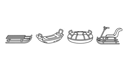 Collection of four distinct winter sledding icons in outline style, showcasing a traditional wooden sled, a curved plastic toboggan, a round inflatable snow tube, and a kicksled with a seat, perfect