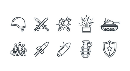 Collection of line-style vector icons representing war and military themes, including a helmet, crossed swords, explosions, a tank, missiles, a grenade, a shield with a star, and a group of refugees