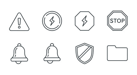 Set of clean line art icons representing warnings, alerts, and security symbols, including a warning sign with an exclamation mark, lightning bolt icons in circular and octagonal frames, a stop sign