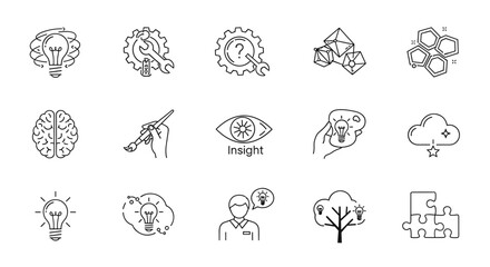 Creative line icon set vector pictograms representing brainstorming, innovation, problem-solving, abstract thinking, insight, imagination, and new ideas, perfect for technology, business, and