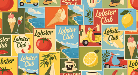 Vibrant Italian Summer Posters Collage Seamless Pattern: Mediterranean Vacation Mosaic Print with Cute Dolce Vita Wallpaper, Featuring "Lobster Club" Lettering, Tomatoes, Lemons, Olives, Scooters