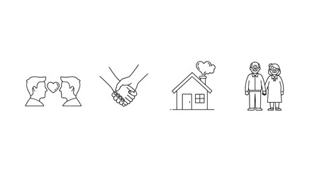 A charming vector cartoon illustration set featuring iconic symbols of love and family: a gay couple with a heart, clasped hands representing unity, a cozy house with smoke from the chimney, and an