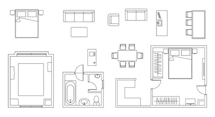 Top-down vector illustration of furniture and interior layout elements, including beds, sofas, a dining table with chairs, a bathtub, toilet, sink, wardrobe, and a desk, presented in a clean line art