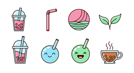 Cute Kawaii Bubble Tea and Drink Icons Set: A charming collection of vector cartoon illustrations featuring bubble tea cups, a pink straw, a stylized sunset or sunrise over water, fresh green leaves