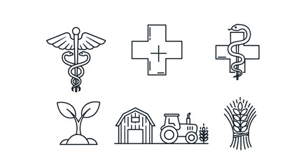 A collection of six clean, minimalist line icons representing medicine and agriculture, presented on a crisp white background. The icons include the Caduceus symbol, a medical cross, a snake entwined