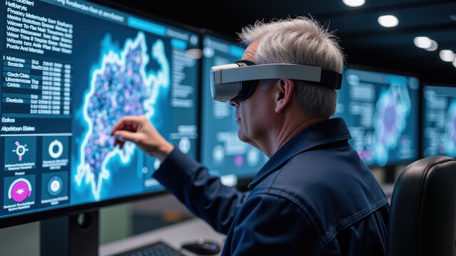 Immersive technology enhances data visualization modern workspace. person interacts with virtual displays using advanced VR equipment - Powered by Adobe