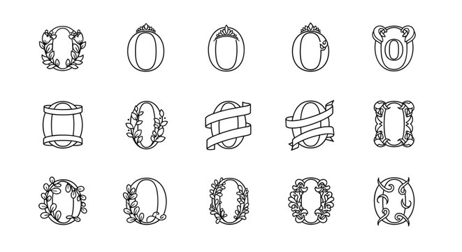 Collection of elegant and decorative letter 'O' monograms and logos, featuring floral wreaths, crowns, ribbons, and ornate frames, presented as a clean vector cartoon illustration on a white