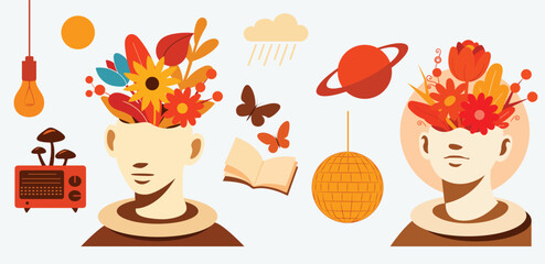 Creative Mind Concept Flat Illustration Set with Flowers and Nature. Surreal elements vector.
