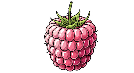 Vibrant pink raspberry illustration with detailed halftone texture, isolated on a clean white background, showcasing its natural, juicy form and fresh green leaves, perfect for food and