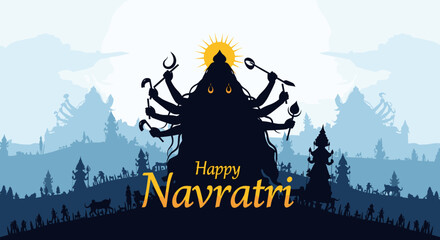 Vibrant silhouette illustration celebrating Happy Navratri, featuring the multi-armed Goddess Durga holding various weapons against a backdrop of a radiant sun and a mystical blue landscape with
