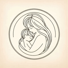 Mother holding her baby in a circular frame line art illustration.
