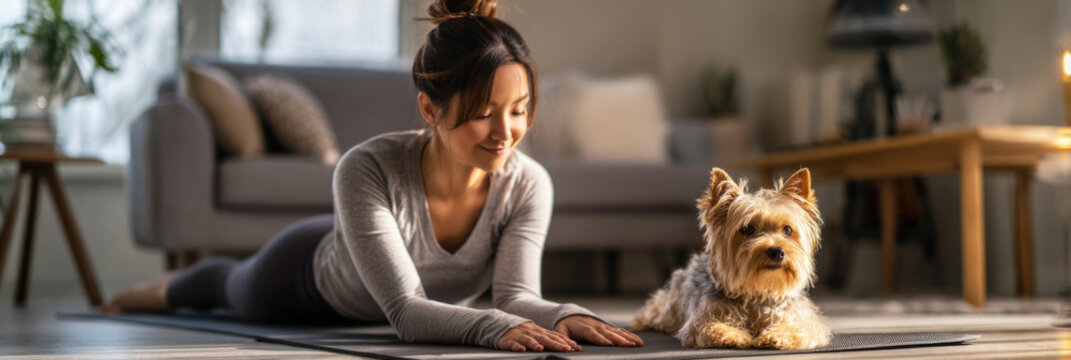 A teenage girl performs stretches on a mat at home while her small terrier imitates her pose. They enjoy a moment of exercise together in a warm, inviting space, banner