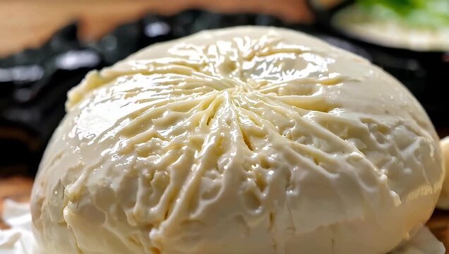 Close-up shot of a fresh, creamy burrata cheese on a wooden surface.