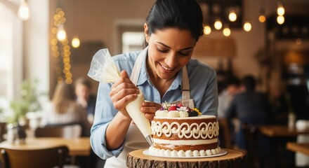 A skilled baker decorates a chocolate cake with frosting and flowers in a cozy cafe setting, showcasing creativity and passion for baking.