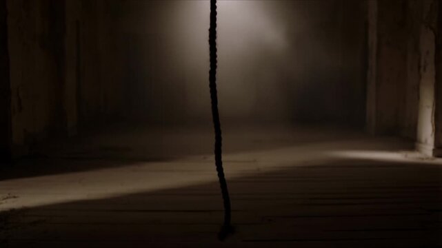 Dramatic suspense builds as a thick rope dangles in a dimly lit, dusty room with stark light beams illuminating the wooden floor, evoking a sense of mystery and anticipation.